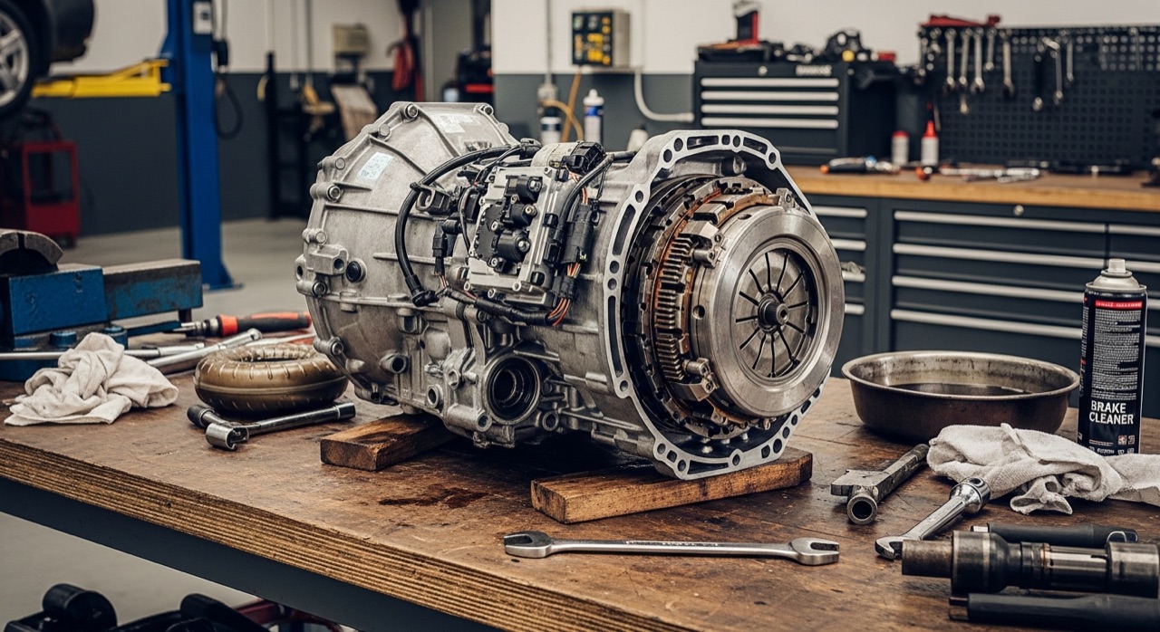 Boîte DSG Audi / Volkswagen déposée sur un établi d'atelier