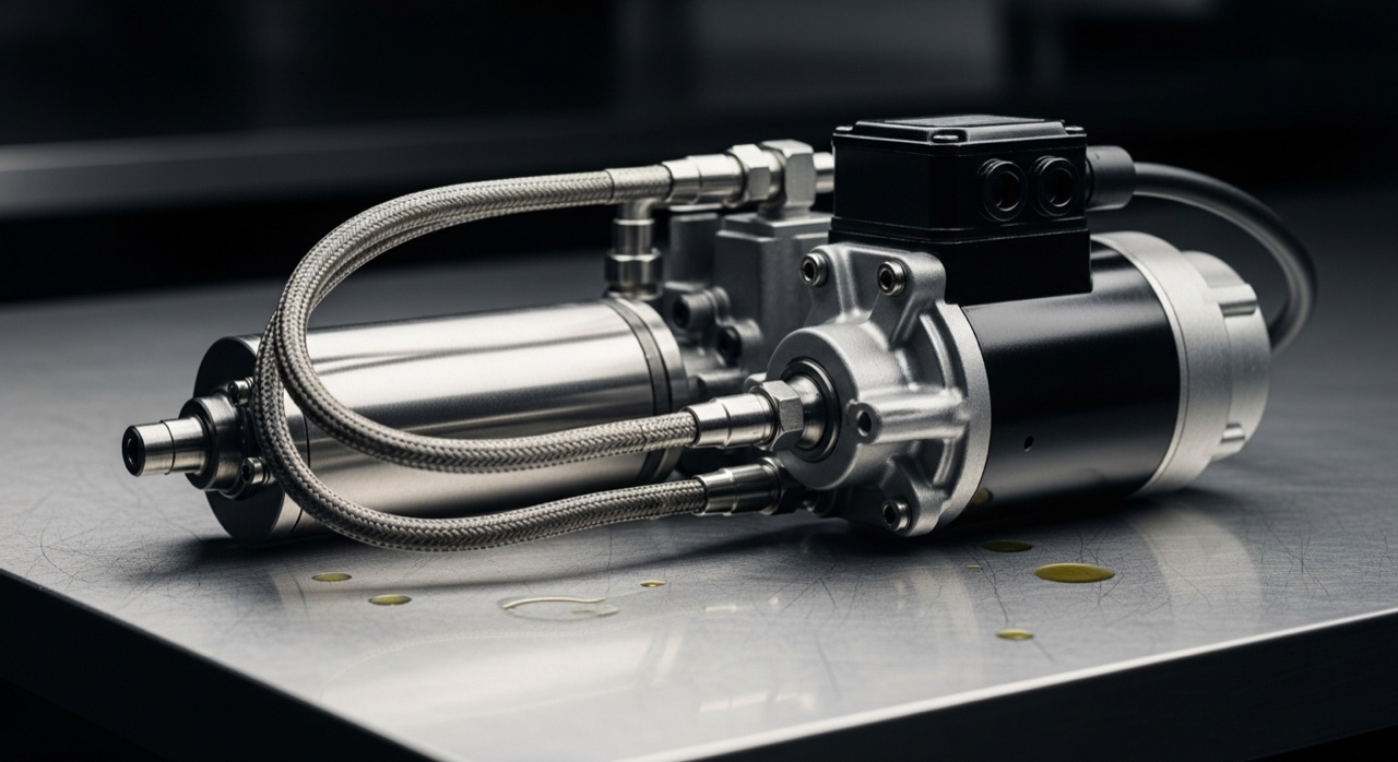 Accumulateur hydraulique et sa pompe électrique de boîte F1 Ferrari posés sur un établi