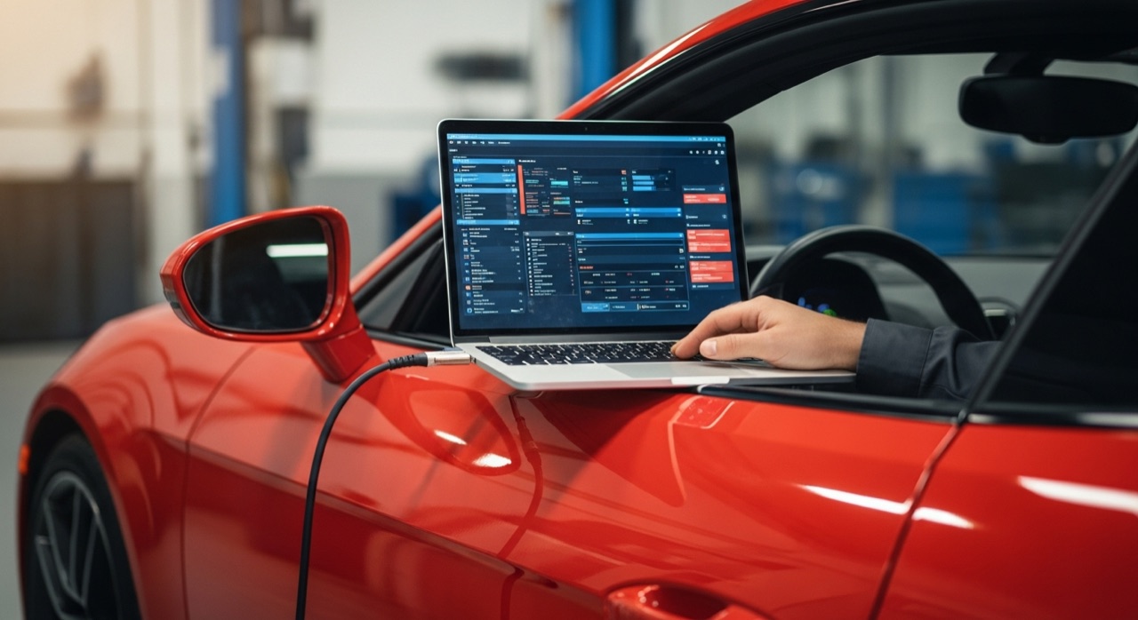 Diagnostic électronique de la boîte F1 sur une Ferrari à l'atelier Cars One