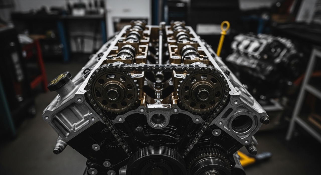 Haut de moteur V8 cache-culbuteurs déposé, arbres à cames et chaîne de distribution visibles