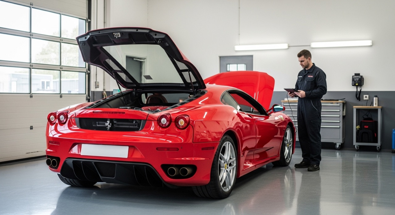 Ferrari F430 capot moteur ouvert en atelier, technicien avec valise de diagnostic
