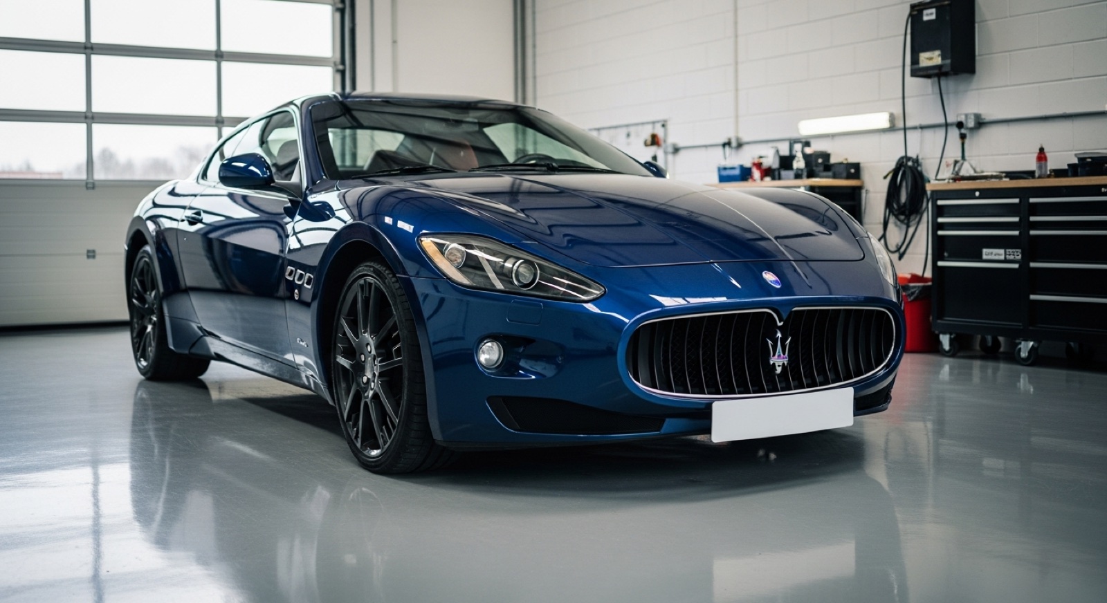 Maserati GranTurismo bleue dans l atelier Cars One a Riedisheim pres de Mulhouse