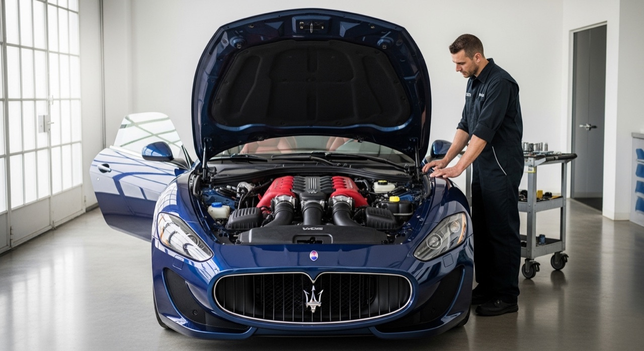 Maserati GranTurismo capot ouvert, V8 visible, technicien à l'atelier